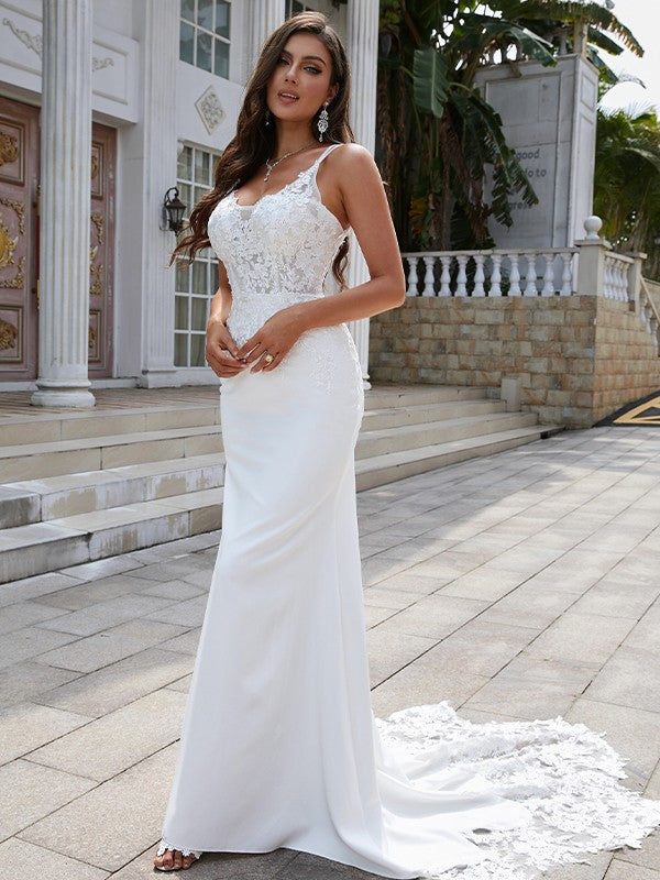 Robe de mariée à col en V sans manches et traîne courte